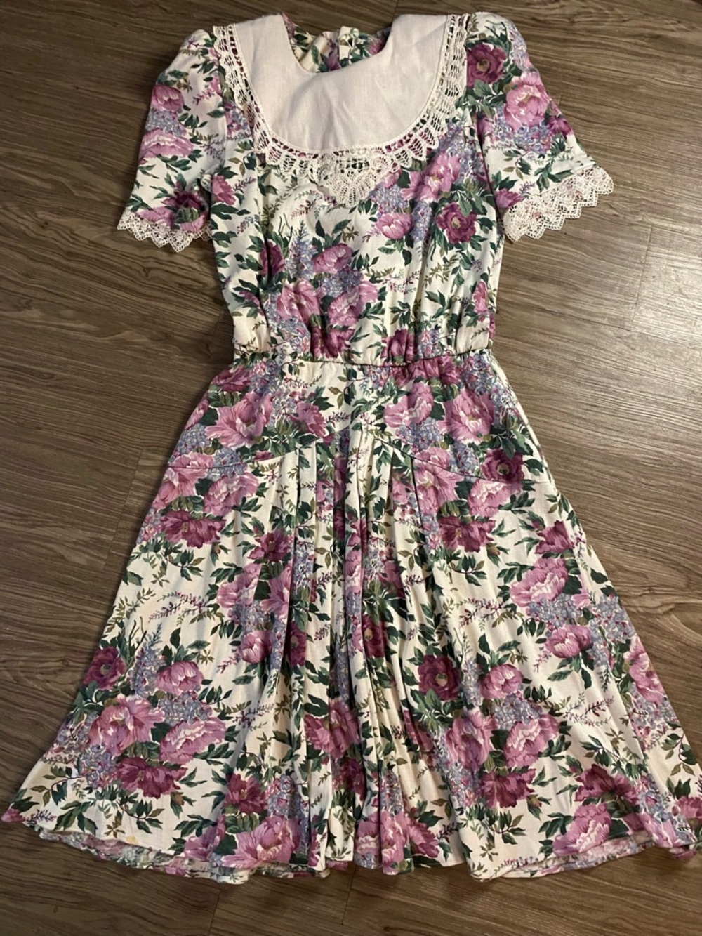 Vintage 90s Stuart Alan Cottagecore Prairie Floral Lace Bib Collar Midi Dress